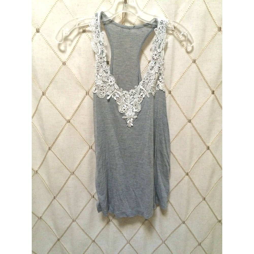 Gray White Lace Plunge Neck Tank Top Size XS